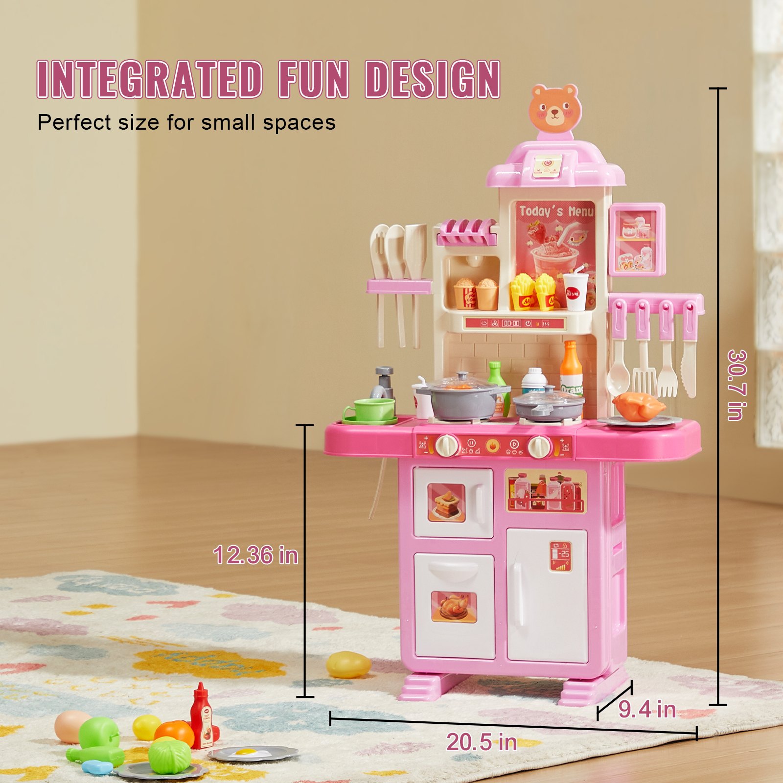 VEVOR Children's Kitchen Playset, Toddler Kitchen with Cooking Stove with Steam, Sounds and Lights, Play Kitchen Set with 48-Piece Cooking Accessory Set for Toddlers, Preschoolers, Children Aged 3-5 Years, Pink