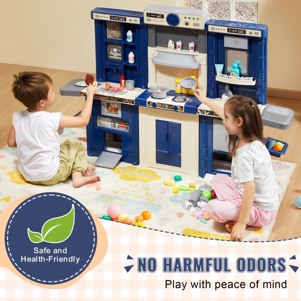 VEVOR Set da Cucina per Bambini 3-8 Anni, Cucina per Bambini 3 in 1 con Spruzzatore Simulato, Suoni e Luci, con Set di Accessori da Cucina 74 Pezzi per Bambini Piccoli, Bambini in Età Prescolare, Blu