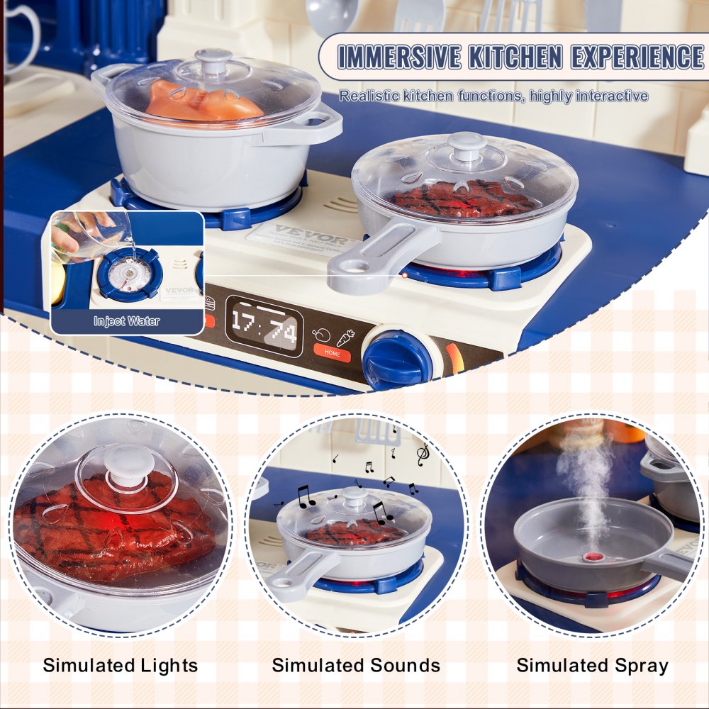 VEVOR Set da Cucina per Bambini 3-8 Anni, Cucina per Bambini 3 in 1 con Spruzzatore Simulato, Suoni e Luci, con Set di Accessori da Cucina 74 Pezzi per Bambini Piccoli, Bambini in Età Prescolare, Blu