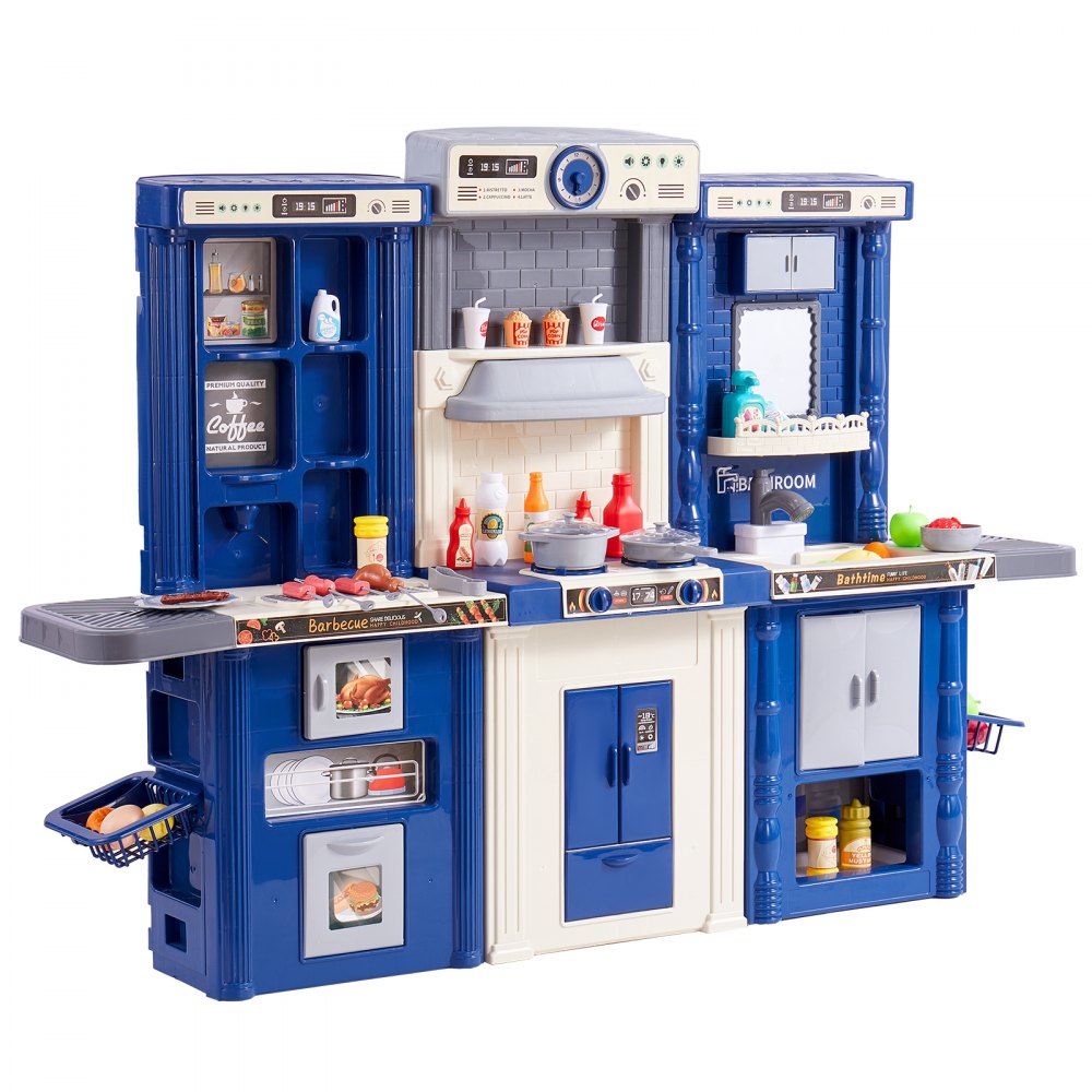 VEVOR Set da Cucina per Bambini 3-8 Anni, Cucina per Bambini 3 in 1 con Spruzzatore Simulato, Suoni e Luci, con Set di Accessori da Cucina 74 Pezzi per Bambini Piccoli, Bambini in Età Prescolare, Blu