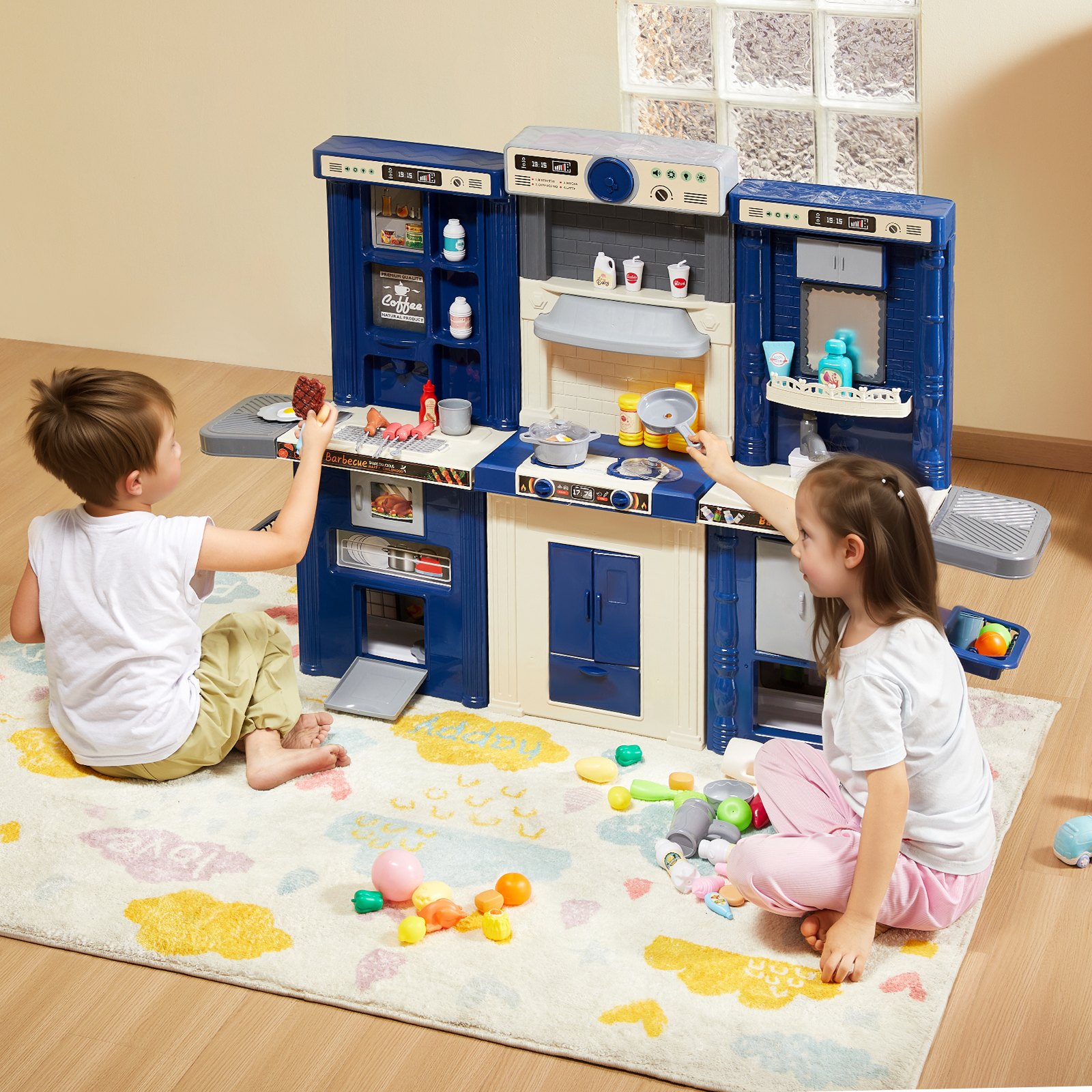 VEVOR Set da Cucina per Bambini 3-8 Anni, Cucina per Bambini 3 in 1 con Spruzzatore Simulato, Suoni e Luci, con Set di Accessori da Cucina 74 Pezzi per Bambini Piccoli, Bambini in Età Prescolare, Blu