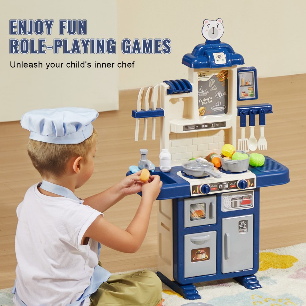 VEVOR Set da Cucina per Bambini da 3 a 5 Anni, Set da Cucina da Gioco con Fornello con Vapore, Suoni e Luci, con Accessori da Cucina da 48 Pezzi per Bambini Piccoli, Bambini in Età Prescolare, Blu