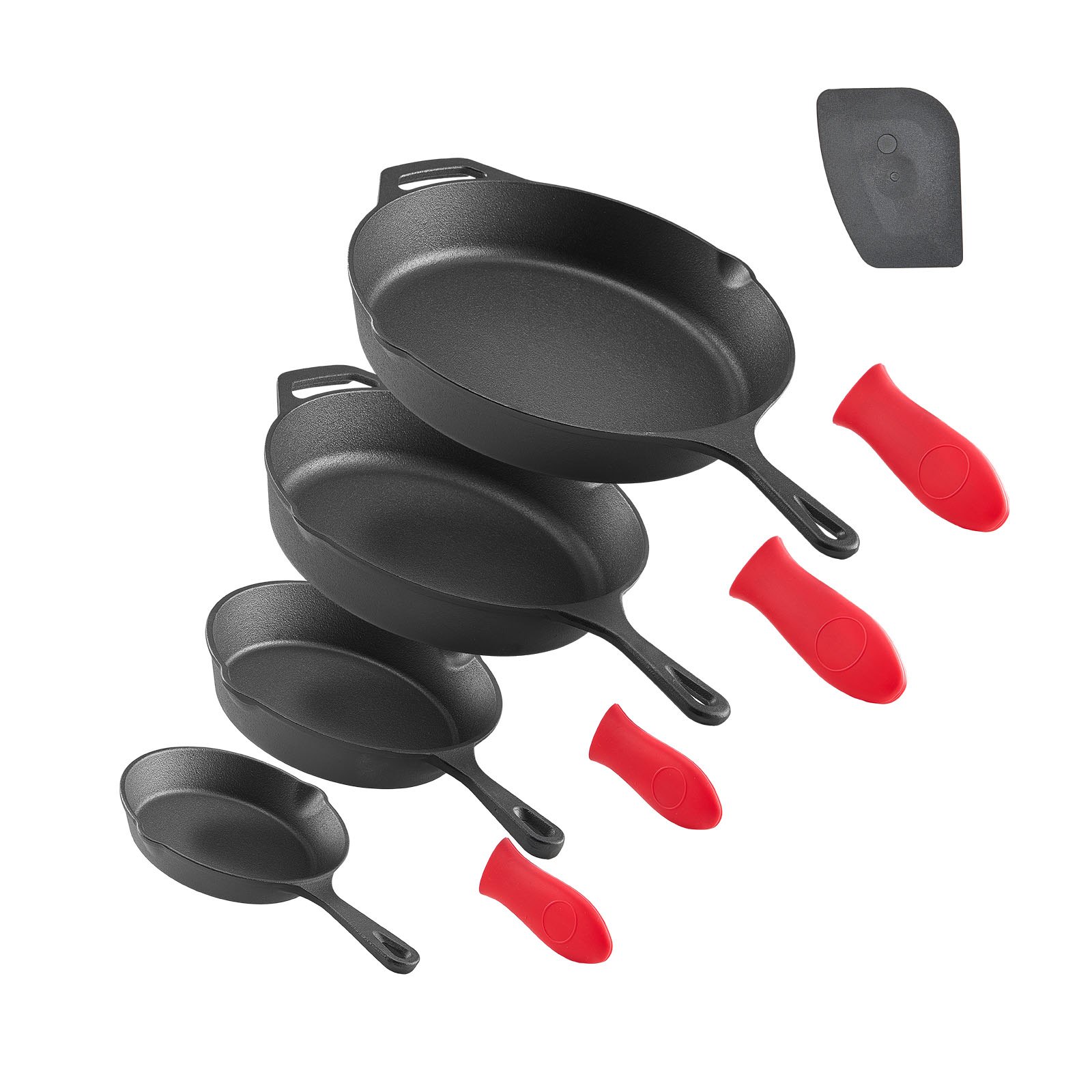 VEVOR Padella in Ghisa, Set di 4 Padelle Antiaderenti (155, 205, 260, 305 mm), con Manico in Silicone Resistente al Calore, Padella da Chef Pre-Trattata, Pentole da Cucina per Gas, Elettrico, Nero
