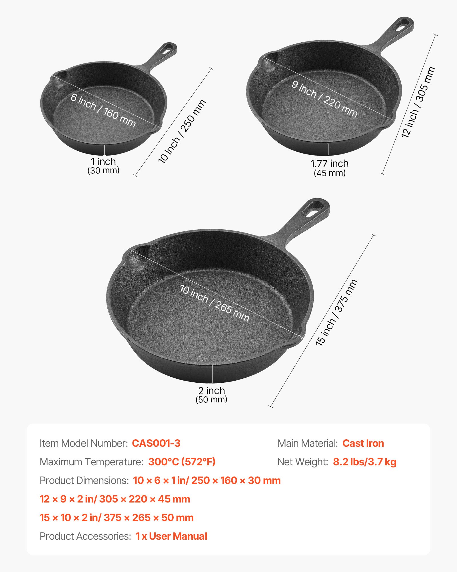VEVOR Cast Iron Skillet, 3 Pcs Frying Pan Set (160, 220, 265 mm), Heavy-Duty Skillets with Heat-Resistant Handle, Pre-Seasoned Chef's Pan, Kitchen Cookware, for Oven, Gas, Electrical, Induction, Black