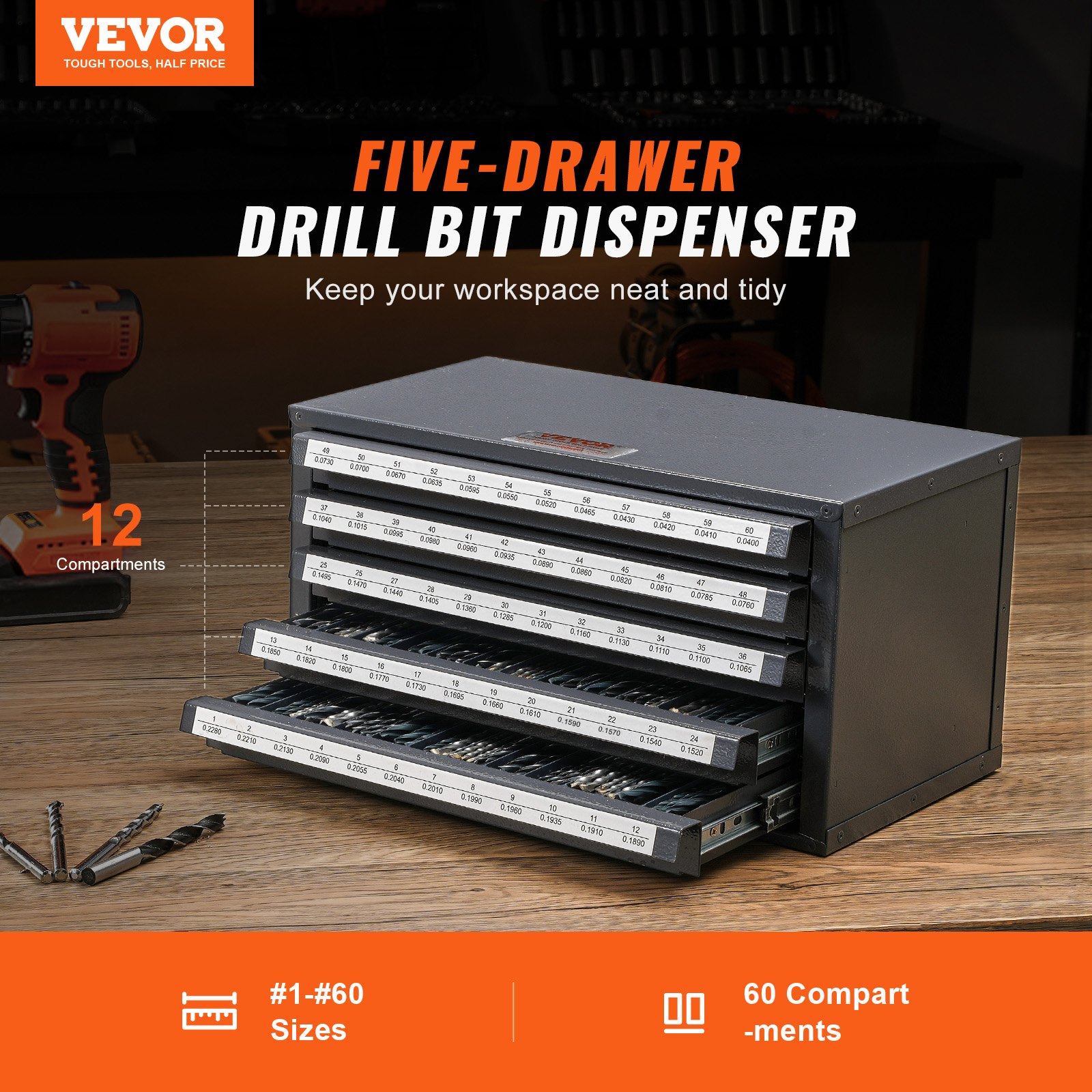 VEVOR Drill Bit Dispenser Cabinet, Drill Bit Organizer with Five Drawers for Drill Bit Dispensers No. 1 to No. 60, Made of Steel with Labels, Stackable Drill Bit Dispenser for Storing Engraved Drill Bits