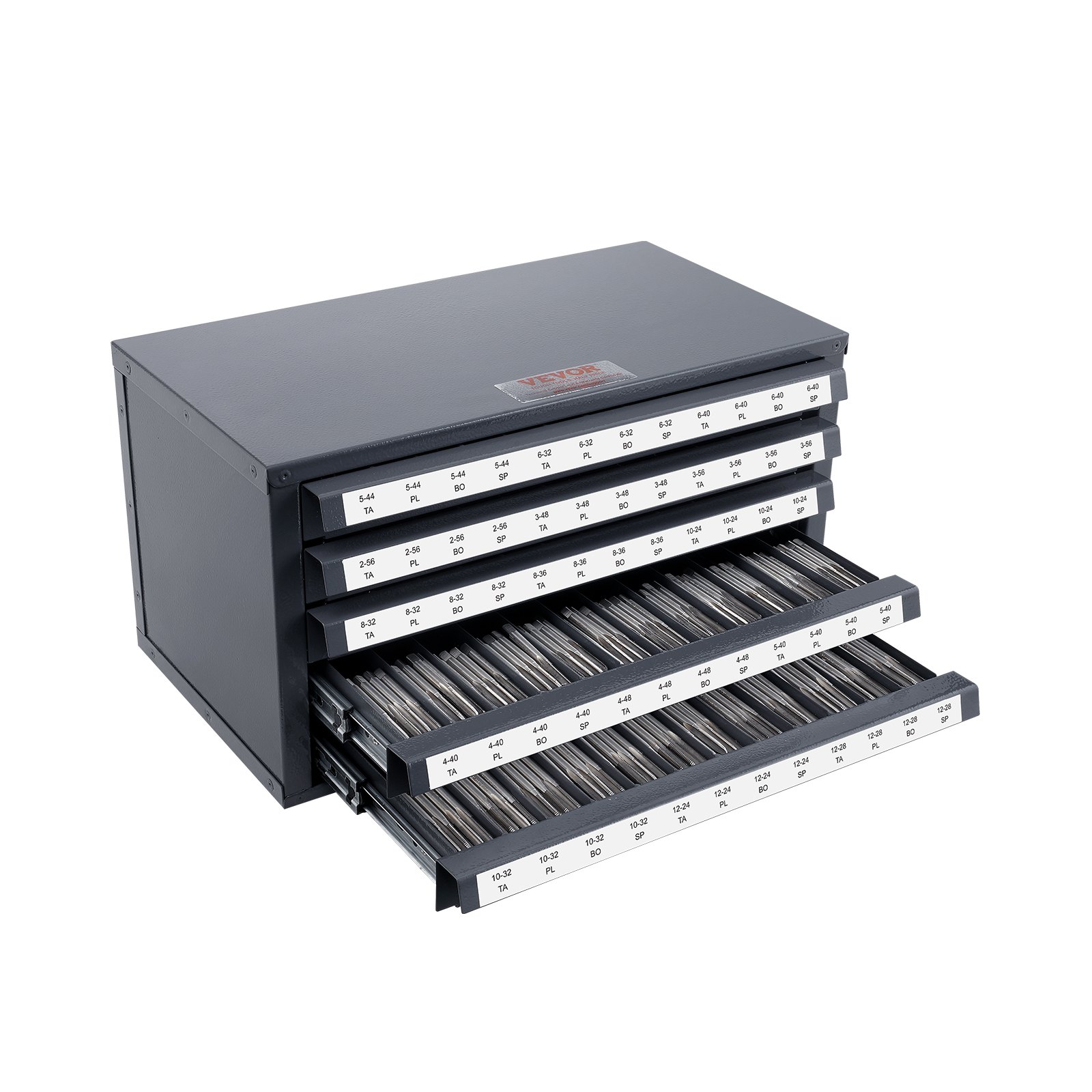 VEVOR Tap Dispenser Cabinet, 5-Drawer Thread Organizer for #2-56-#12-28 Drill Bits, Steel with Labels, Stackable Cabinet with 60 Compartments, Gray