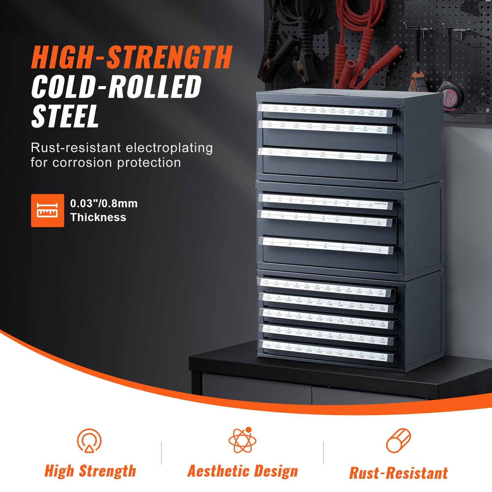 VEVOR Dispenser Cassetta 3 Pezzi Modulare per Punte da Trapano da 1,6 mm a 12,7 mm Lettere A-Z, Set Cassetti per Punte da Trapano 5 Cassetti per Fili #1 a #60 Impilabile Conservazione da Officina Garage