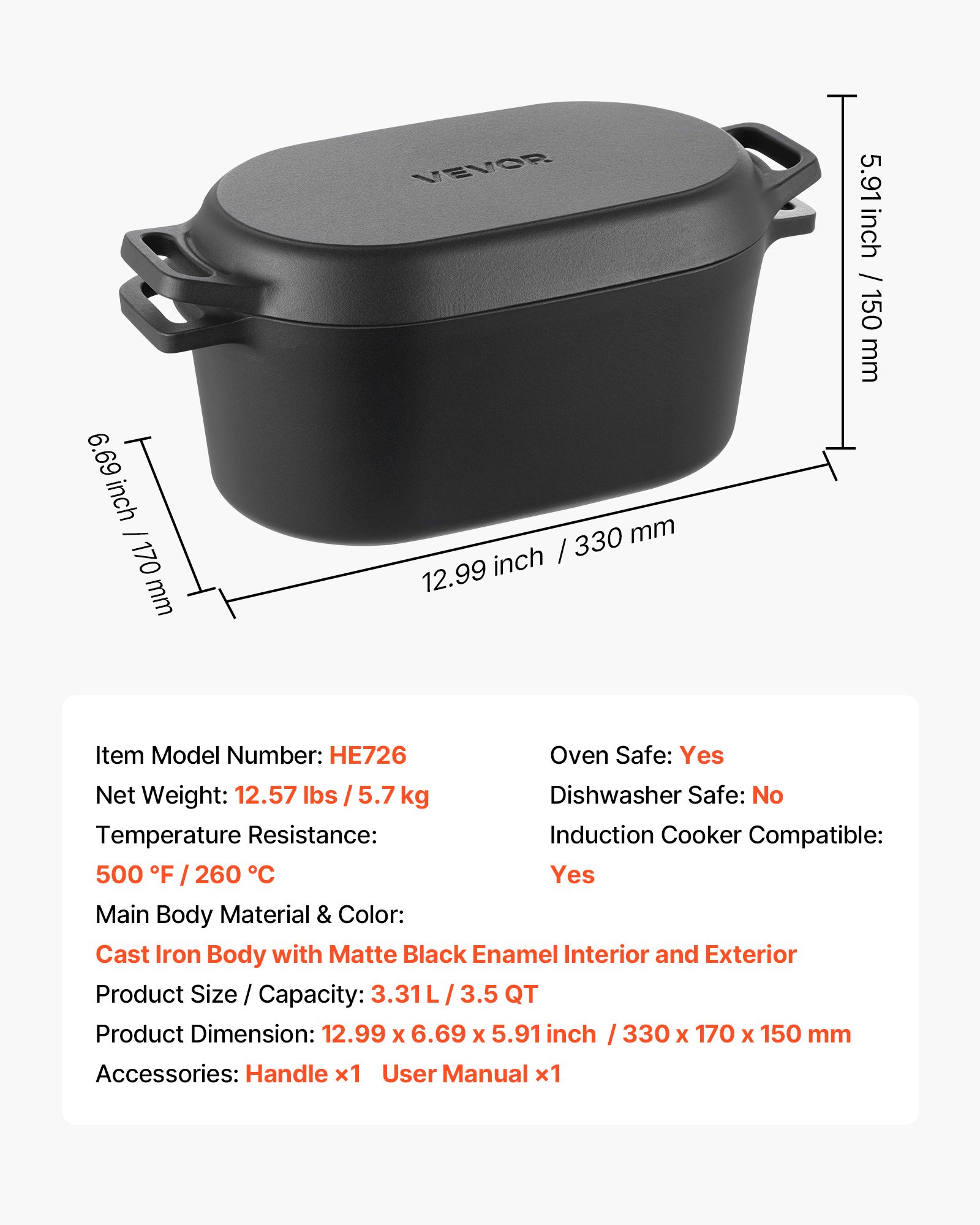 VEVOR Forno Olandese in Ghisa Smaltata, Pentola da 3,3 l con Coperchio e Doppi Manici, Pentola Durevole, Compatibile con Forni a Induzione Fino a 260 ℃, per Brasare, Stufati, Arrostire, Nero