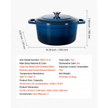 VEVOR Forno Olandese in Ghisa Smaltata, Pentola da 5,7 l con Coperchio e Doppi Manici, Pentola Durevole, Compatibile con Forni a Induzione Fino a 260 ℃, per Brasare, Stufati, Arrostire, Blu