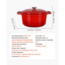 VEVOR Forno Olandese in Ghisa Smaltata, Pentola da 5,7 l con Coperchio e Doppi Manici, Pentola Durevole, Compatibile con Forni a Induzione Fino a 260 ℃, per Brasare, Stufati, Arrostire, Rosso