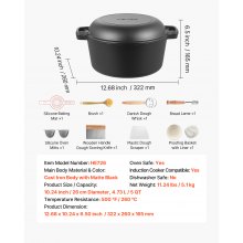 VEVOR Forno Olandese in Ghisa, Pentola Pre-Stagionata con Coperchio, Teglia da 4,7 L con Cestello per Lievitazione, Accessori per la Cottura del Pane, Compatibile con Forno per Pane 260 ℃