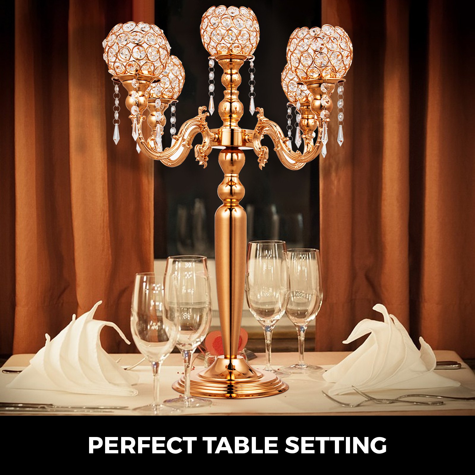 Candeliere Candelabro A 5 Braccia Portacandele Per Matrimonio Altezza 66cm Oro