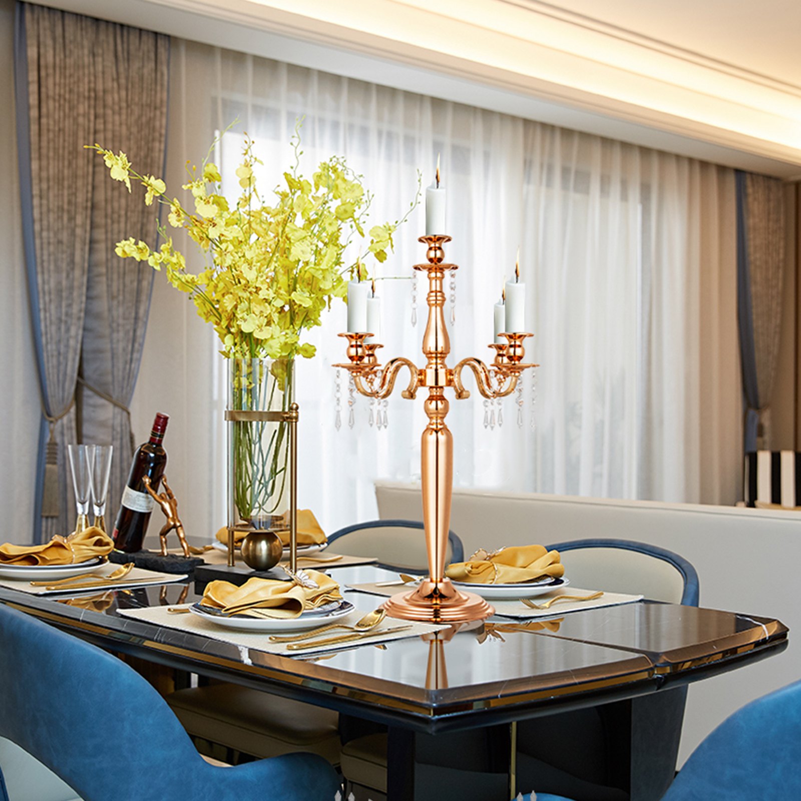 Candeliere Candelabro A 5 Braccia Portacandele Per Matrimonio Altezza 64cm Oro