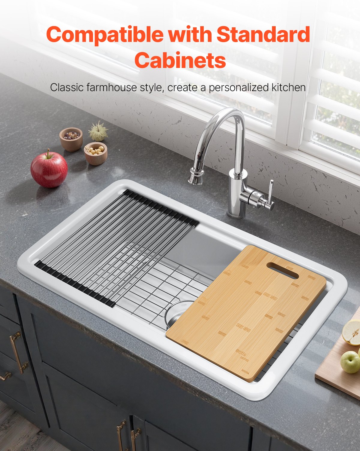 VEVOR Lavello da Cucina da Incasso Lavello Sottopiano in Argilla Refrattaria, Vasca Singola a Incasso per Cucina Dimensioni Esterne 835x485x254 mm Colore Bianco, Kit con Accessori