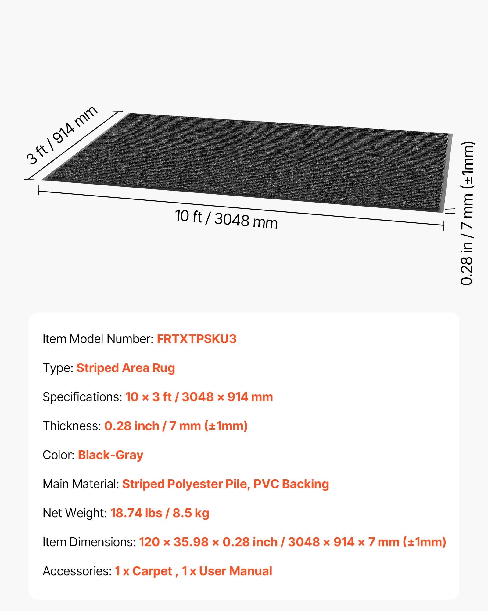 VEVOR Zerbino per Ingresso, 3048 x 914 mm, Tappetino per Interni ed Esterni, Tappeto Industriale a Righe con Supporto, Tappeto d'Ingresso Lavabile Resistente per Corridoio, Balcone, Grigio