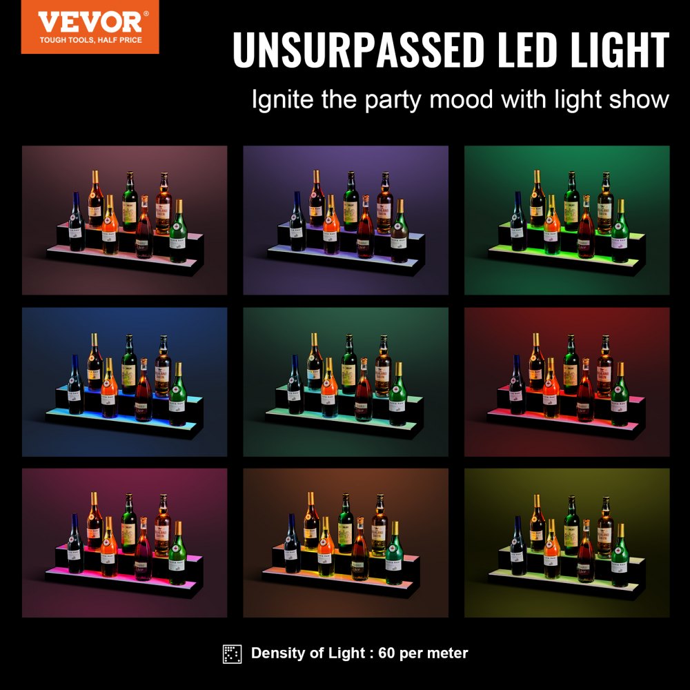 VEVOR Scaffale Portabottiglie di Vino da Bar, Scaffale da Bar Illuminato a LED Telecomando RF Controllo APP, Scaffale Illuminazione per Bevande in Acrilico 2 Ripiani, Portabottiglie 761x200x150mm