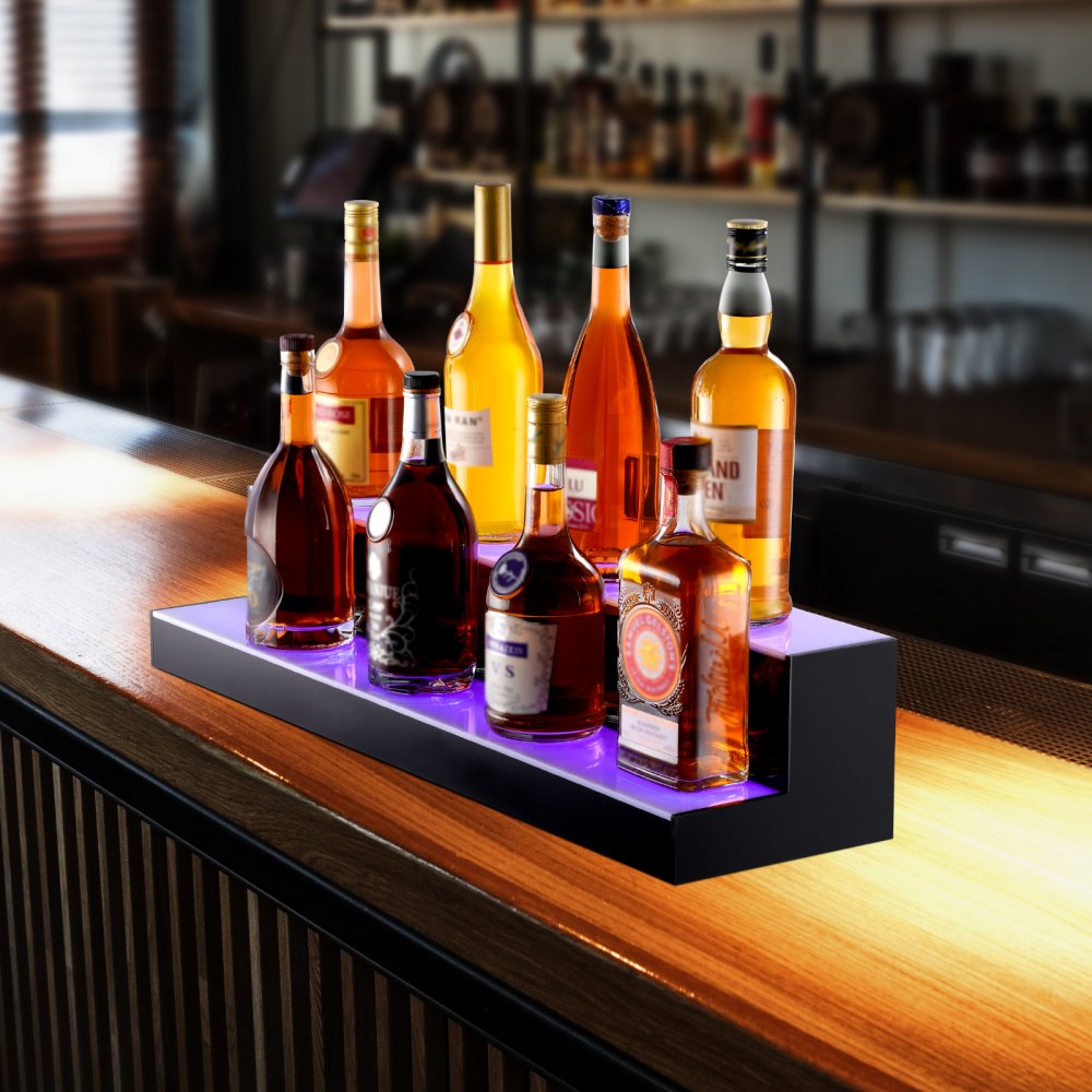 VEVOR Scaffale Portabottiglie di Vino da Bar, Scaffale da Bar Illuminato a LED Telecomando RF Controllo APP, Scaffale Illuminazione per Bevande in Acrilico 2 Ripiani, Portabottiglie 761x200x150mm