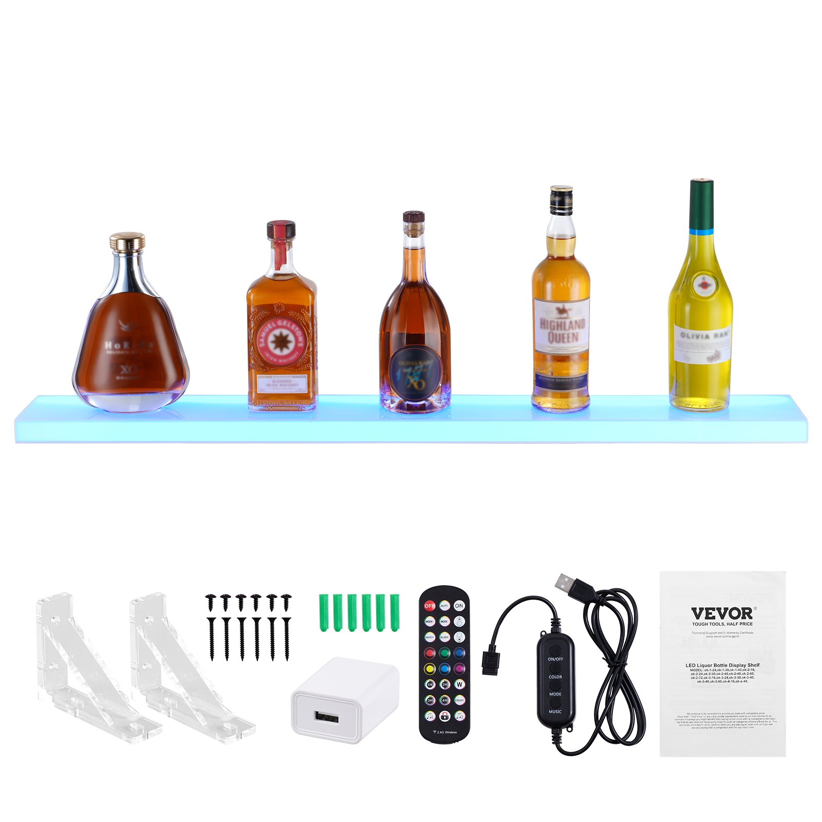 VEVOR Mensola per Mostrare Vino da Bar Pannello Illuminato LED Telecomando RF Controllo APP, Ripiano per Illuminazione per Bevande in Acrilico, Portabottiglie da Parete/Tavolo 1016x114x32mm