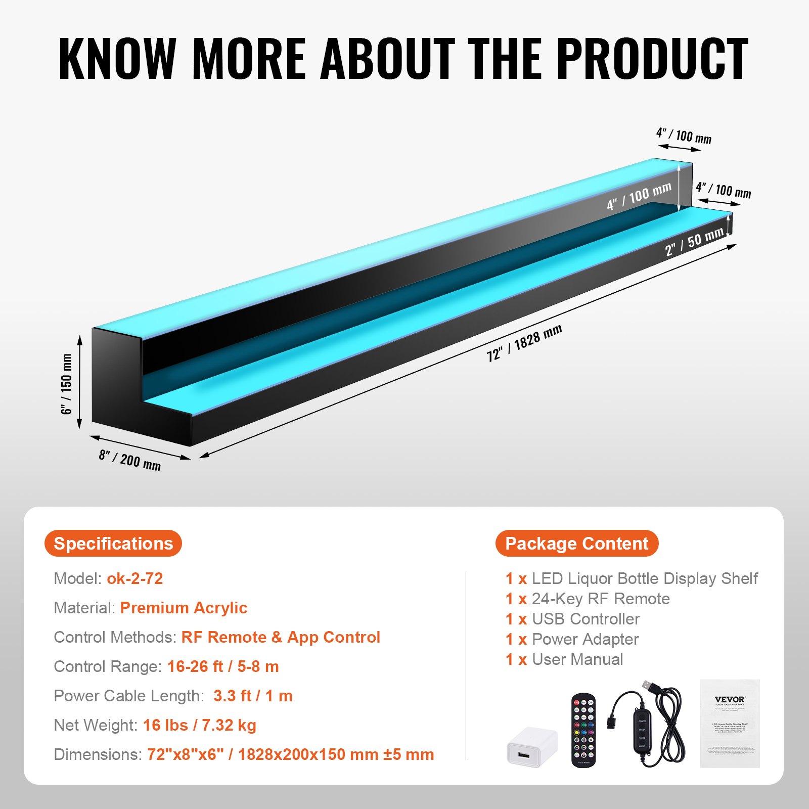 VEVOR Scaffale Portabottiglie di Vino da Bar, Scaffale da Bar Illuminato a LED Telecomando RF Controllo APP, Scaffale Illuminazione per Bevande in Acrilico 2 Ripiani, Portabottiglie 1828x200x150mm