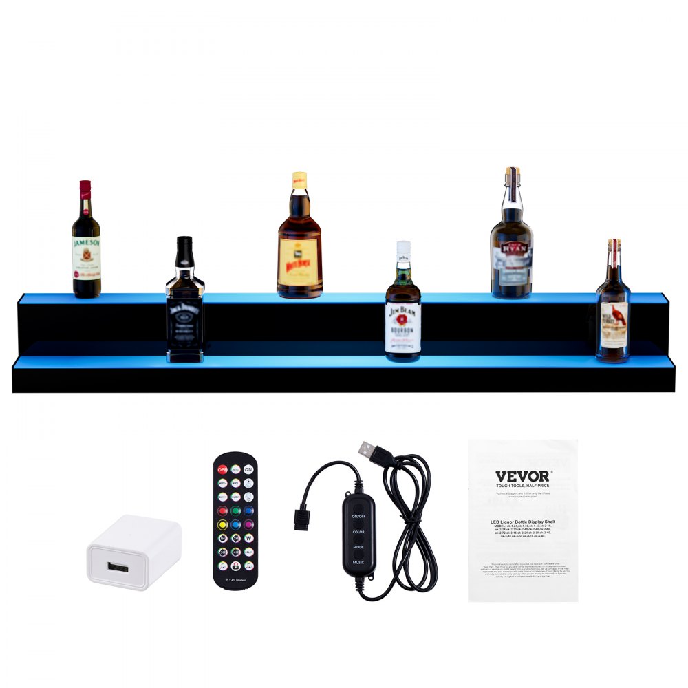 VEVOR Portabottiglie da Bar per Mostrare Vino Bottiglia Illuminato a LED Telecomando RF Controllo App, Scaffale Illuminazione per Bevande in Acrilico 2 Ripiani, Portabottiglie da Vino 121x20x15cm