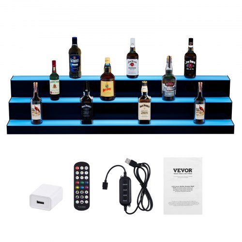 Portabottiglie Da Parete In Metallo 99 Cm Con Luci LED, 3 Ripiani Per Liquori E Calici, Supporto A Muro Per Mini Bar E Casa - 3