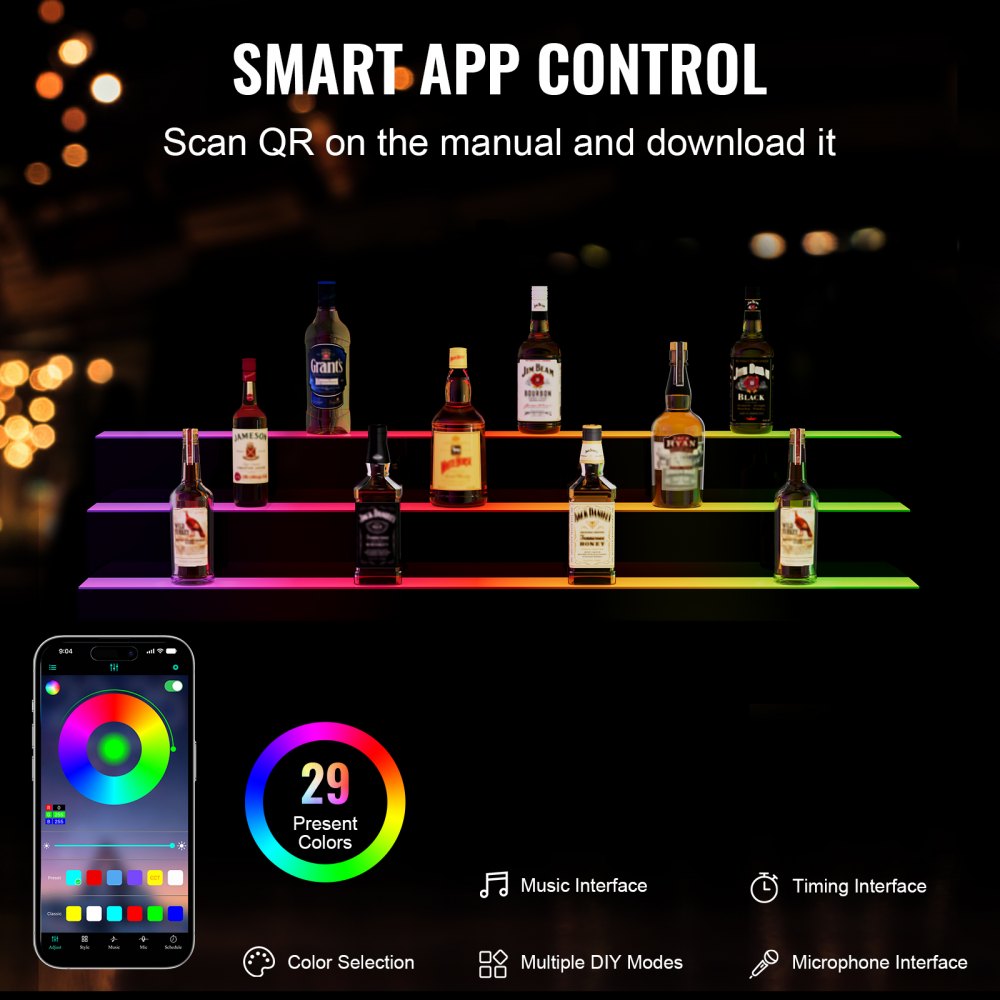 VEVOR Scaffale Portabottiglie di Vino da Bar, Scaffale da Bar Illuminato a LED Telecomando RF Controllo APP, Scaffale Illuminazione per Bevande in Acrilico 3 Ripiani, Portabottiglie 1210x300x250mm