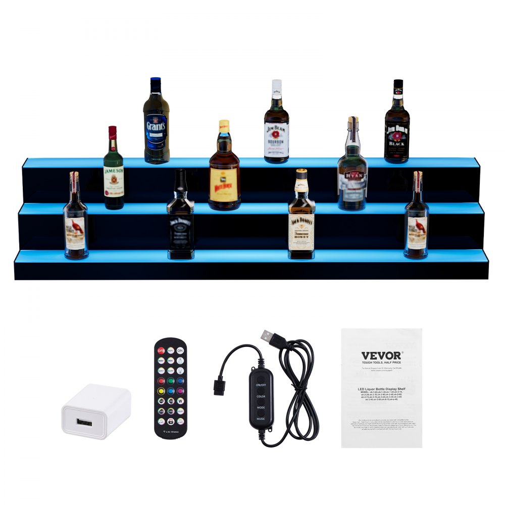 VEVOR Scaffale Portabottiglie di Vino da Bar, Scaffale da Bar Illuminato a LED Telecomando RF Controllo APP, Scaffale Illuminazione per Bevande in Acrilico 3 Ripiani, Portabottiglie 1210x300x250mm