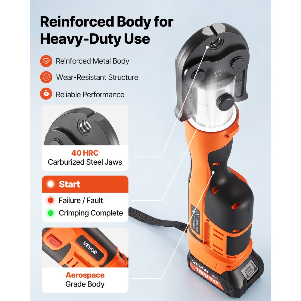 VEVOR Pinza Crimpatrice Elettrica Idraulica da 18 V con Ganasce M15, M22, M28 per Tubi in Acciaio Inox, Utensile di Crimpatura Elettrico con 2 Batterie da 4 Ah,  Forza 32 kN e Valigetta per Trasporto