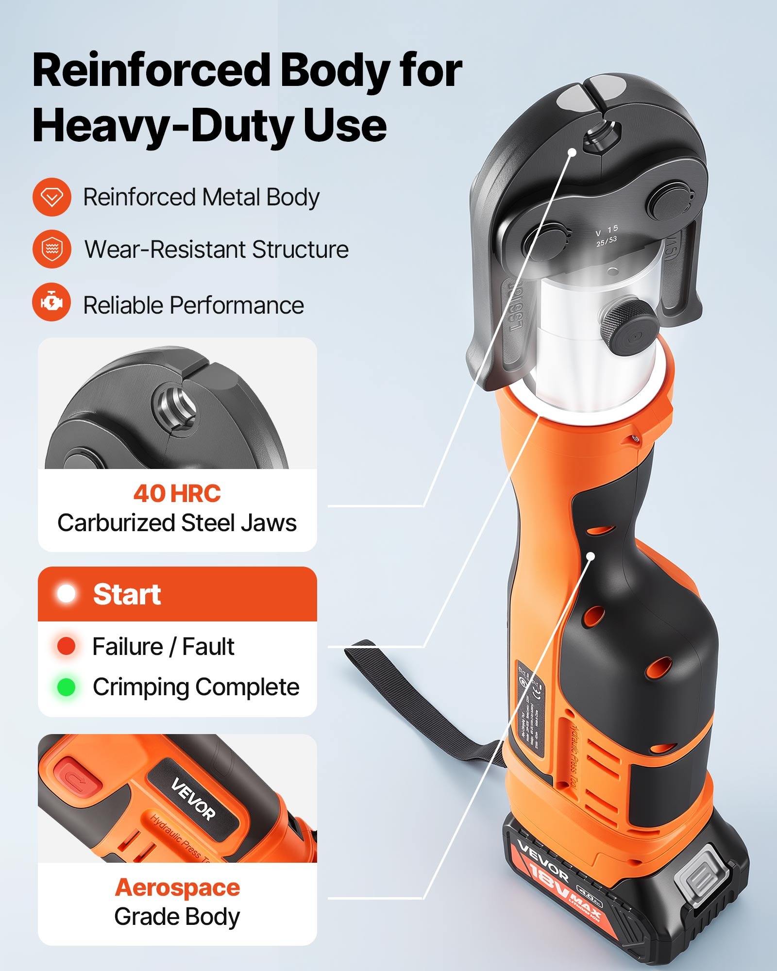 VEVOR Pinza Crimpatrice Elettrica Idraulica da 18 V con Ganasce V15, V22, V28 per Tubi in Acciaio Inox, Forza 32 kN con 2 Batterie da 4 Ah, Testa Rotante, Caricabatteria e Valigetta per Trasporto