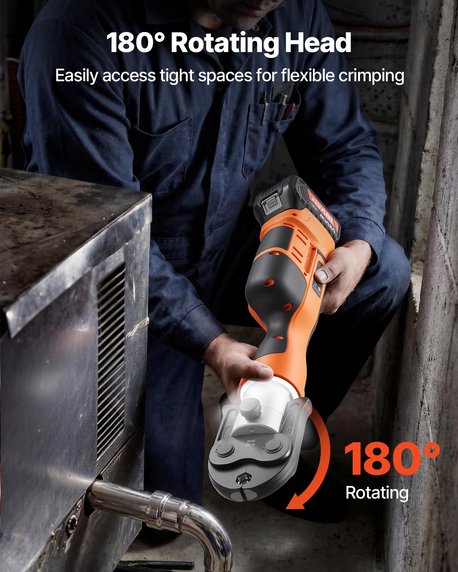 VEVOR Pinza Crimpatrice Elettrica Idraulica da 18 V con Ganasce V15, V22, V28 per Tubi in Acciaio Inox, Forza 32 kN con 2 Batterie da 4 Ah, Testa Rotante, Caricabatteria e Valigetta per Trasporto