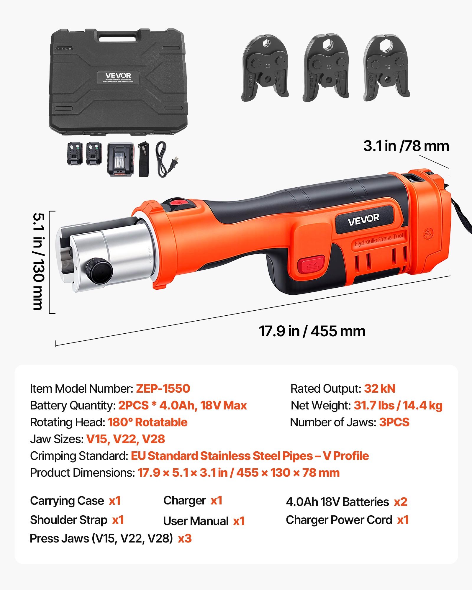 VEVOR Pinza Crimpatrice Elettrica Idraulica da 18 V con Ganasce V15, V22, V28 per Tubi in Acciaio Inox, Forza 32 kN con 2 Batterie da 4 Ah, Testa Rotante, Caricabatteria e Valigetta per Trasporto