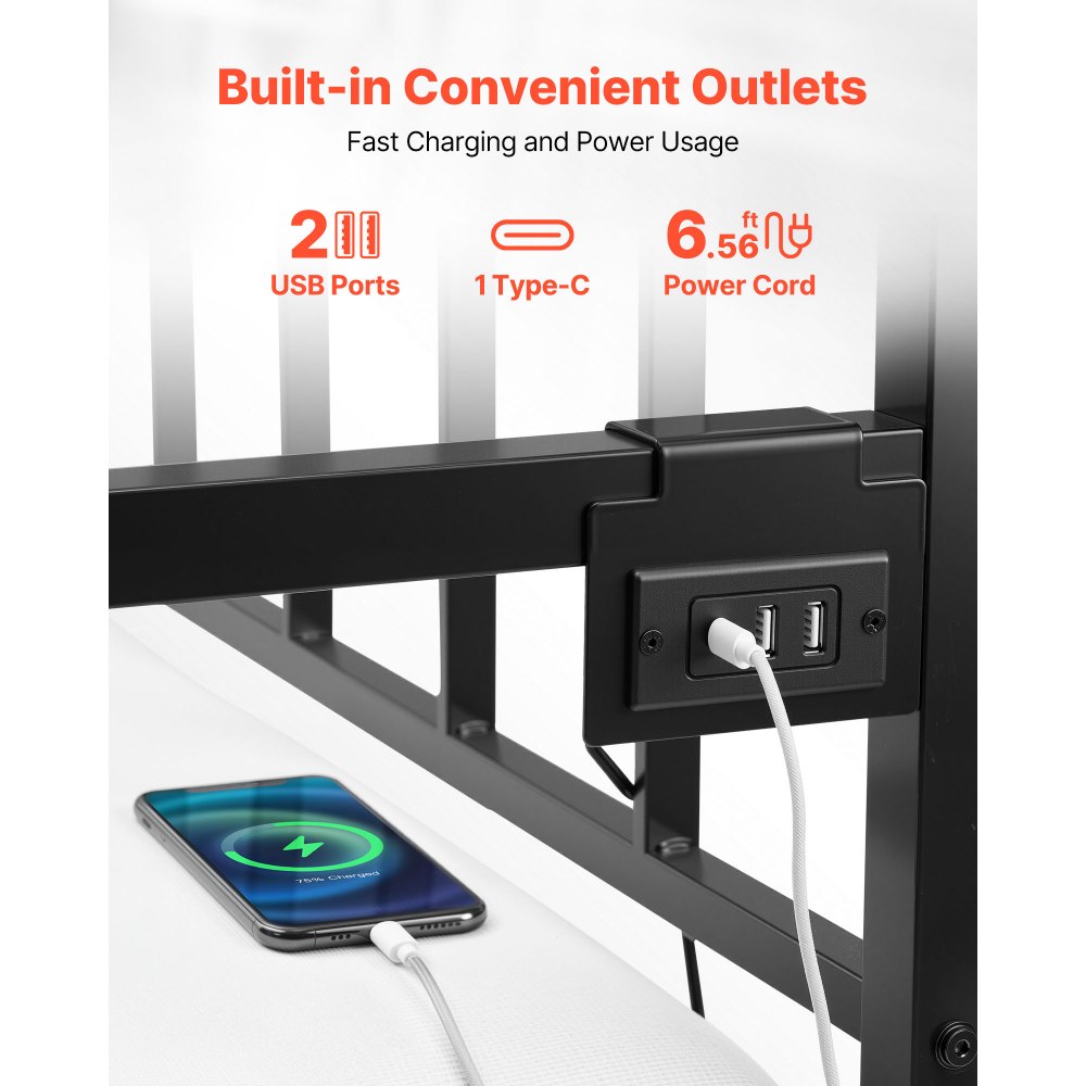 VEVOR Struttura Letto Matrimoniale, Regolabile in Altezza, Struttura Letto in Metallo Resistente con Luce LED e Stazione di Ricarica, con Doghe in Metallo per Soggiorno e Camera da Letto