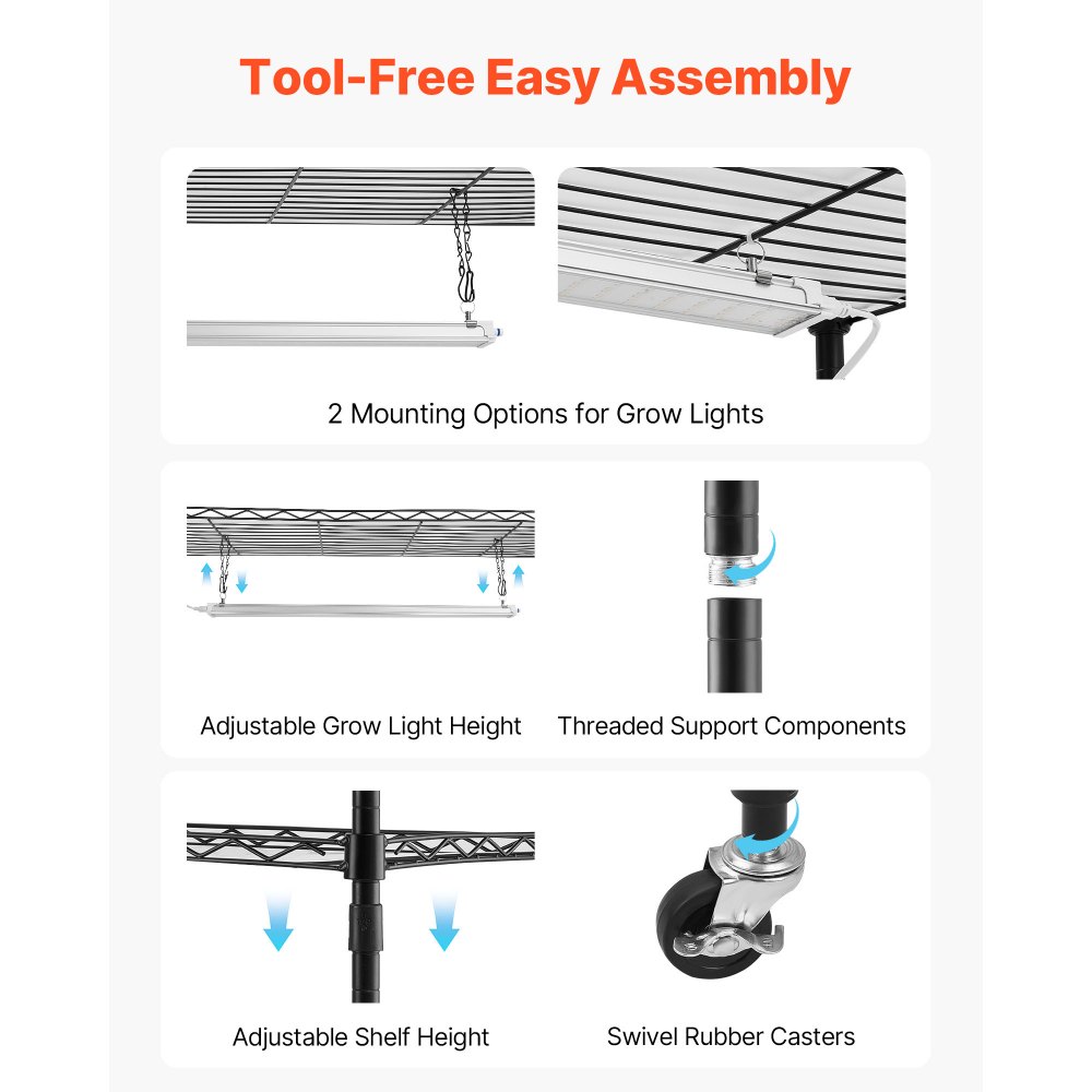 VEVOR Scaffale per Piante con Luce di Coltivazione, 6 Livelli Espositore per Piante Alte 180 cm con Ruote e Timer, Luci di Coltivazione a LED a 3 Colori da 150 W, per l'Avvio dei Semi