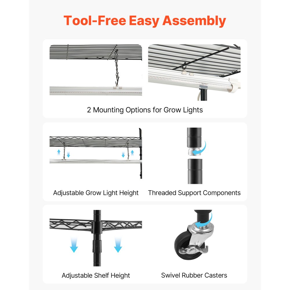 VEVOR Scaffale per Piante con Luci di Coltivazione, Supporto per Piante in Metallo da Interno a 6 Livelli, Espositore Alto 180 cm con Ruote e Timer, Luci a Spettro Completo da 150 W e 3800 K