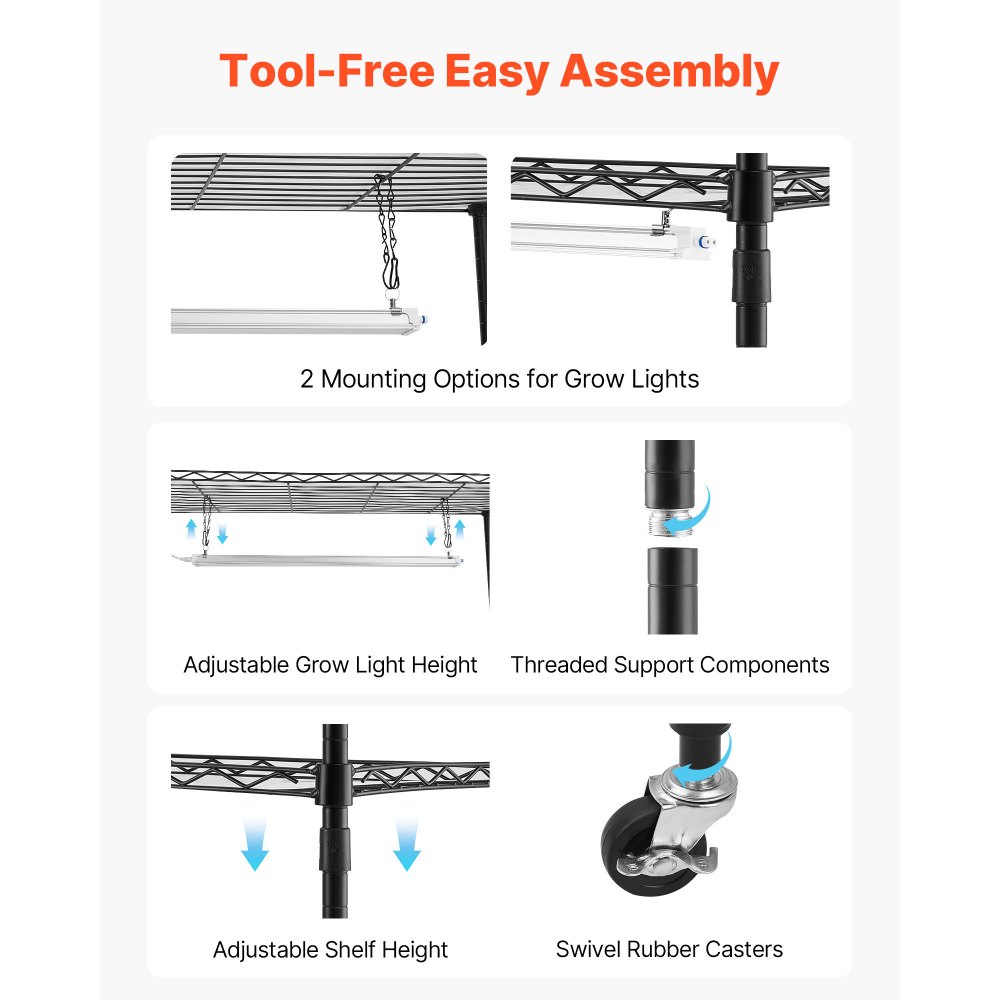 VEVOR Scaffale per Piante con Luce di Coltivazione, Supporto a Doppia Fila a 6 Livelli, Espositore per Piante Alto 180 cm in Metallo con Ruote e Timer, Luci di Coltivazione a Spettro Completo 200 W