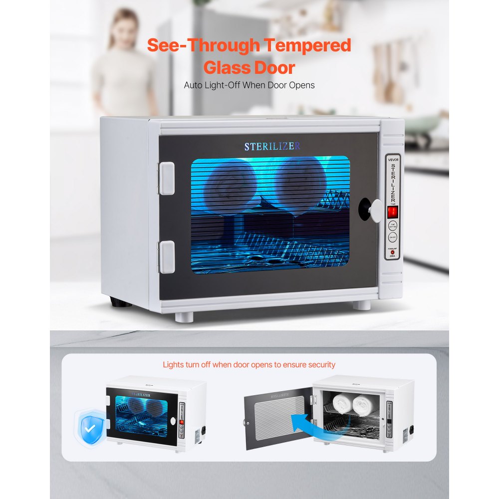 VEVOR Nail Tool Cleaning Machine, 12L Large Capacity, Tool Cabinet Cleaner Box with Timer Setting, Tempered Glass Door, 185nm Wavelength, for Labs, Home, Nail Salons, Hair Studios, Beauty Salons