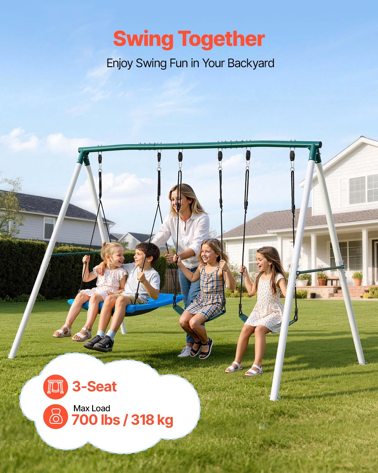 VEVOR Altalena da Giardino Telaio in Metallo a Forma di A per Bambini da Giardino 3 Posti Carico max 318 kg Seduta 110 x 80 cm, Altalena da Esterno Cortile Parco Gioco per Bambini Capienza 3 Persone