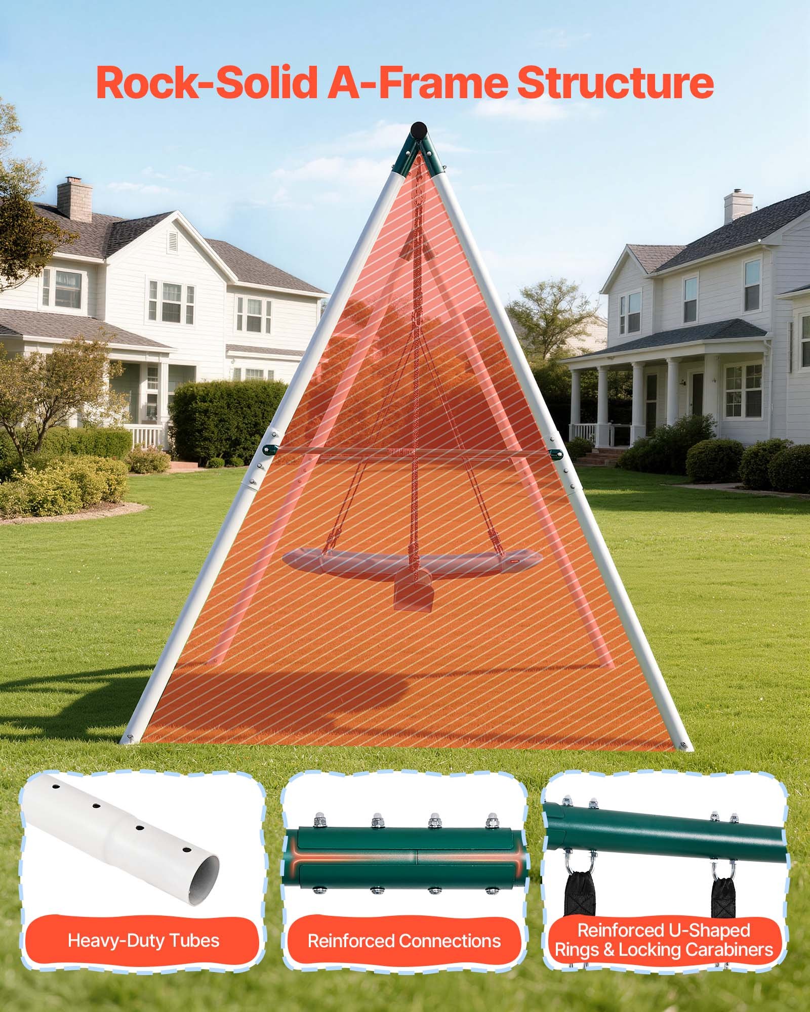 VEVOR Altalena da Giardino Telaio in Metallo a Forma di A per Bambini da Giardino 3 Posti Carico max 318 kg Seduta 110 x 80 cm, Altalena da Esterno Cortile Parco Gioco per Bambini Capienza 3 Persone