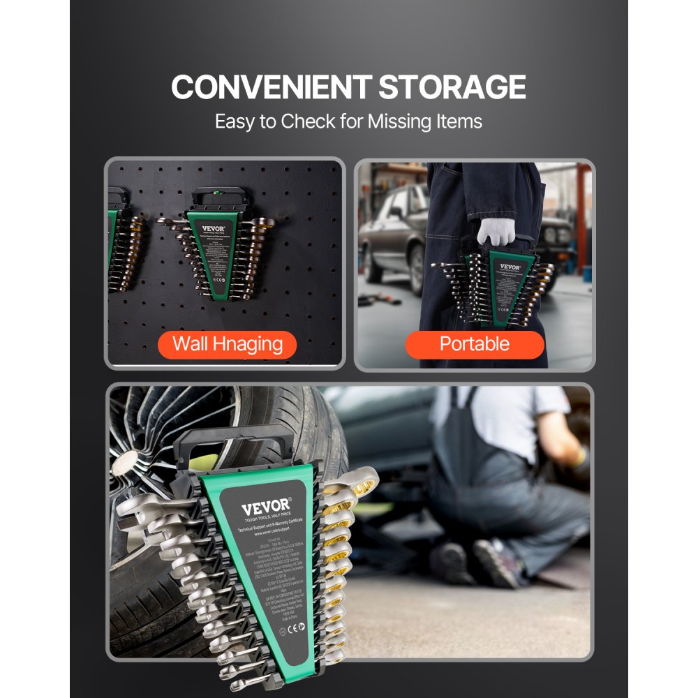 VEVOR 24-Piece Ratchet Wrench Set with Organizer Rack, Cr-V Steel Wrench Set SAE 1/4" to 7/8" and Metric 8mm to 19mm, Ideal for Household, Car Repairs, and Workshops