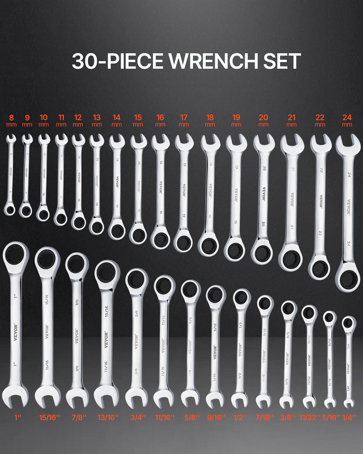 VEVOR Set di Chiavi Combinate da 30 Pezzi, Set di Chiavi a Cricchetto con Organizzatore per Rack, Set di Chiavi in ​​Acciaio Cr-V SAE 1/4" a 1" Sistema Metrico 8 mm a 24 mm per Officina, Emergenza