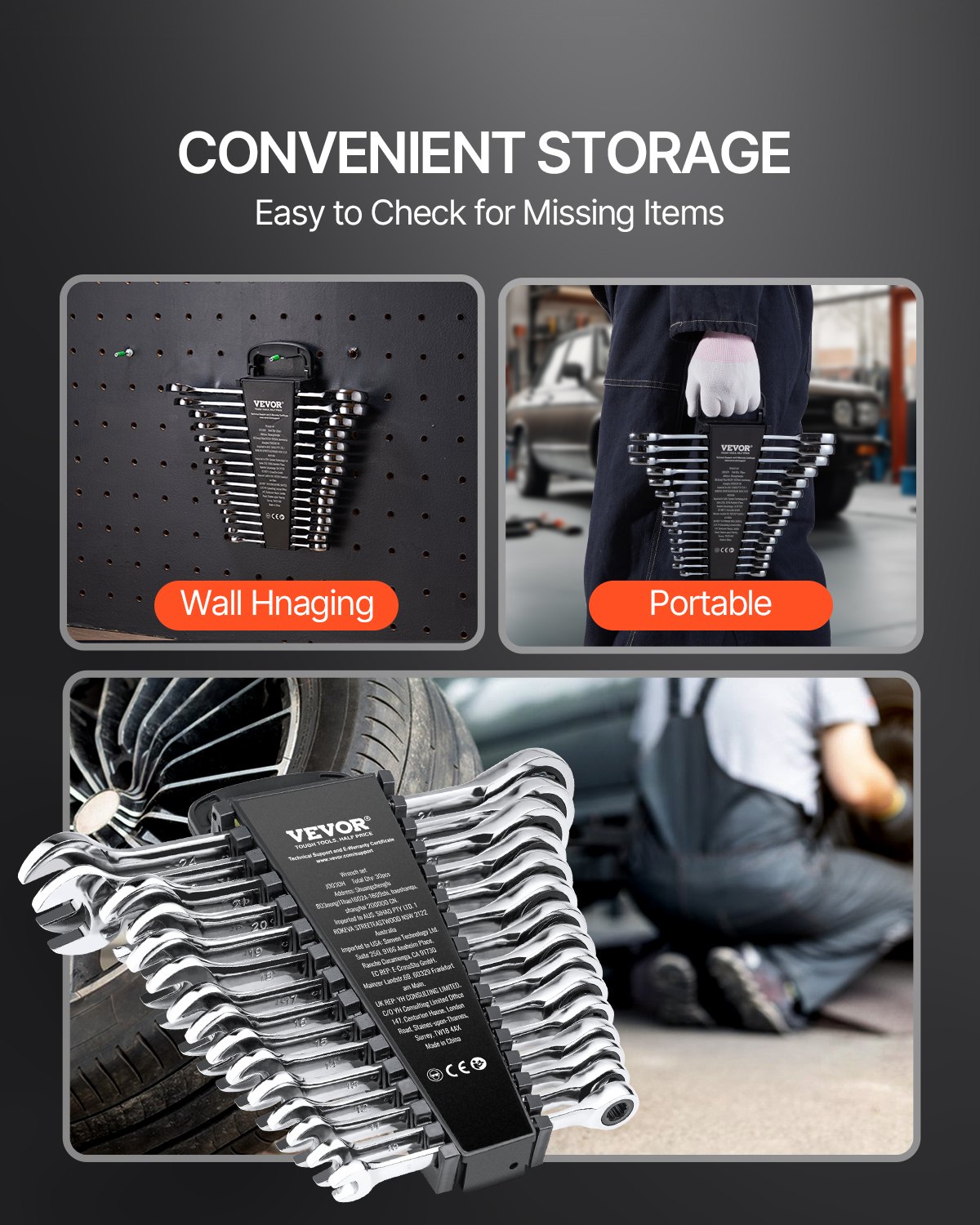 VEVOR Set di Chiavi Combinate da 30 Pezzi, Set di Chiavi a Cricchetto con Organizzatore per Rack, Set di Chiavi in ​​Acciaio Cr-V SAE 1/4" a 1" Sistema Metrico 8 mm a 24 mm per Officina, Emergenza