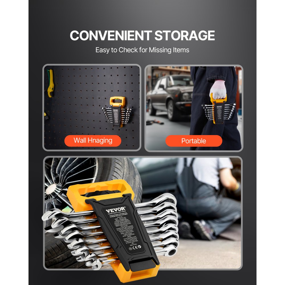 VEVOR Set di Chiavi Combinate da 8 Pezzi, Set di Chiavi a Cricchetto con Organizzatore per Rack, Set di Chiavi in ​​Acciaio Cr-V Metrico da 8 mm a 19 mm per Casa, Garage, Officina, Riparazioni Auto
