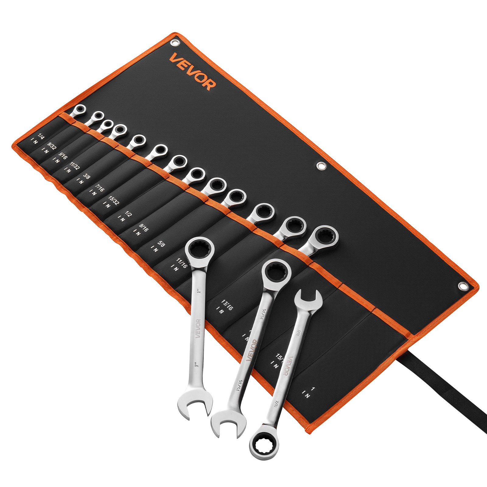 VEVOR Set di Chiavi Combinate a Cricchetto 16 Pezzi, Chiavi a Cricchetto, SAE, Meccanismo a 72 Denti con Profilo Antiscivolo, in Acciaio Cr-V, con Custodia Arrotolabile, per Uso Casa e Auto, Argento