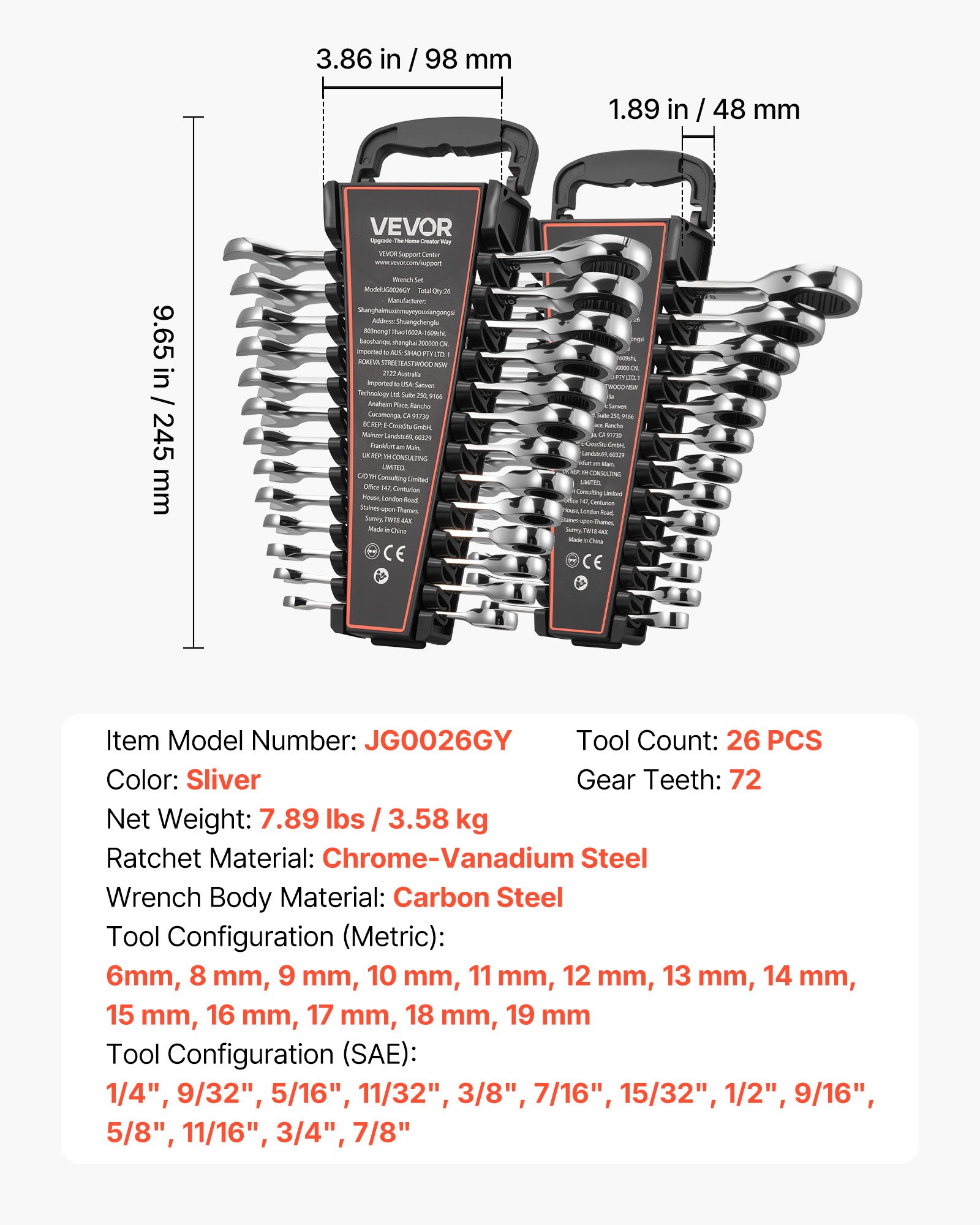 VEVOR Set di Chiavi Combinate a Cricchetto 26 Pezzi, Chiavi a Cricchetto a 72 Denti, Metriche e SAE, con Organizer per Disposizione Ordinata, in Acciaio Cr-V, per Lavori Domestici e Riparazioni Auto