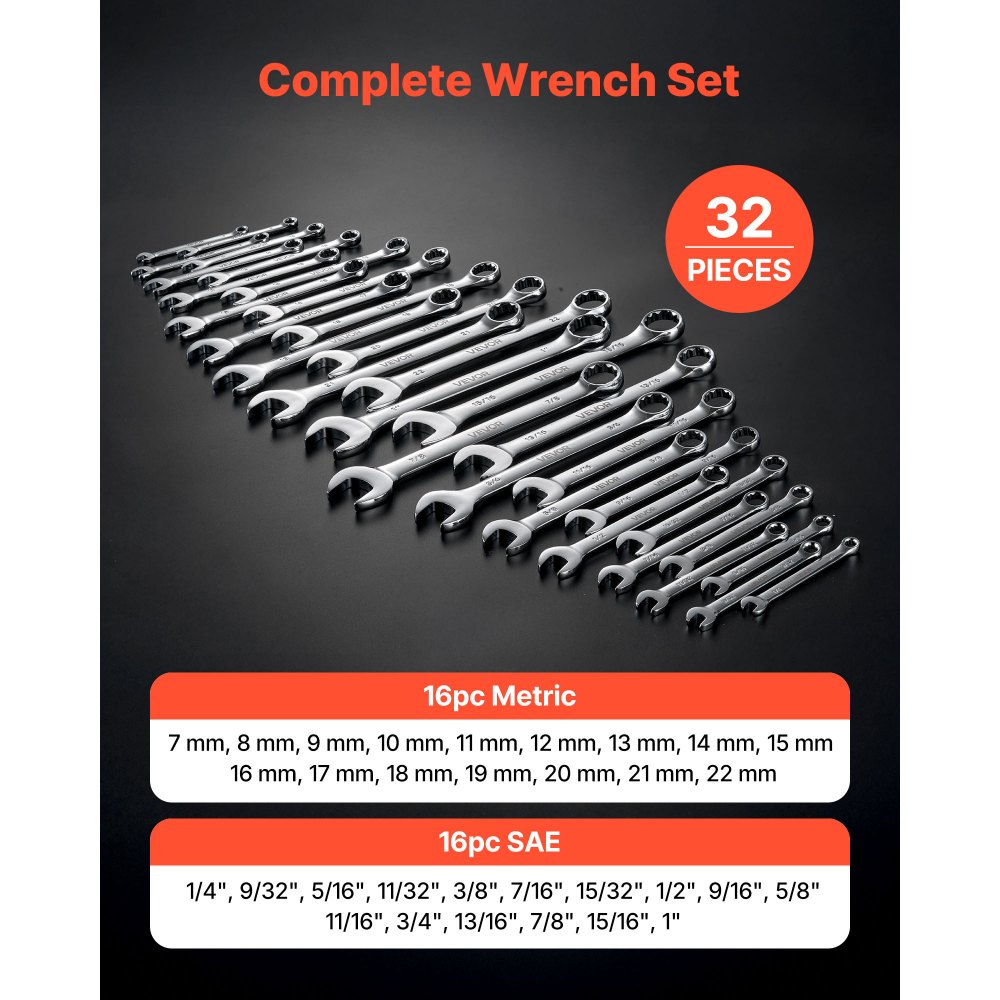 VEVOR Set di Chiavi Combinate a Cricchetto 32 Pezzi, Chiavi a Cricchetto Metriche e SAE, Profilo a 12 Punti e Bocca Angolata a 15°, in Acciaio al Carbonio, con Custodia Arrotolabile, Finitura Argento