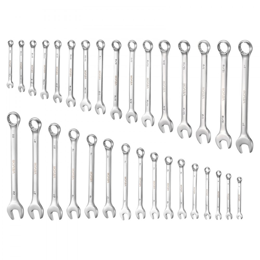 VEVOR Set di Chiavi Combinate a Cricchetto 32 Pezzi, Chiavi a Cricchetto Metriche e SAE, Profilo a 12 Punti e Bocca Angolata a 15°, in Acciaio al Carbonio, con Custodia Arrotolabile, Finitura Argento