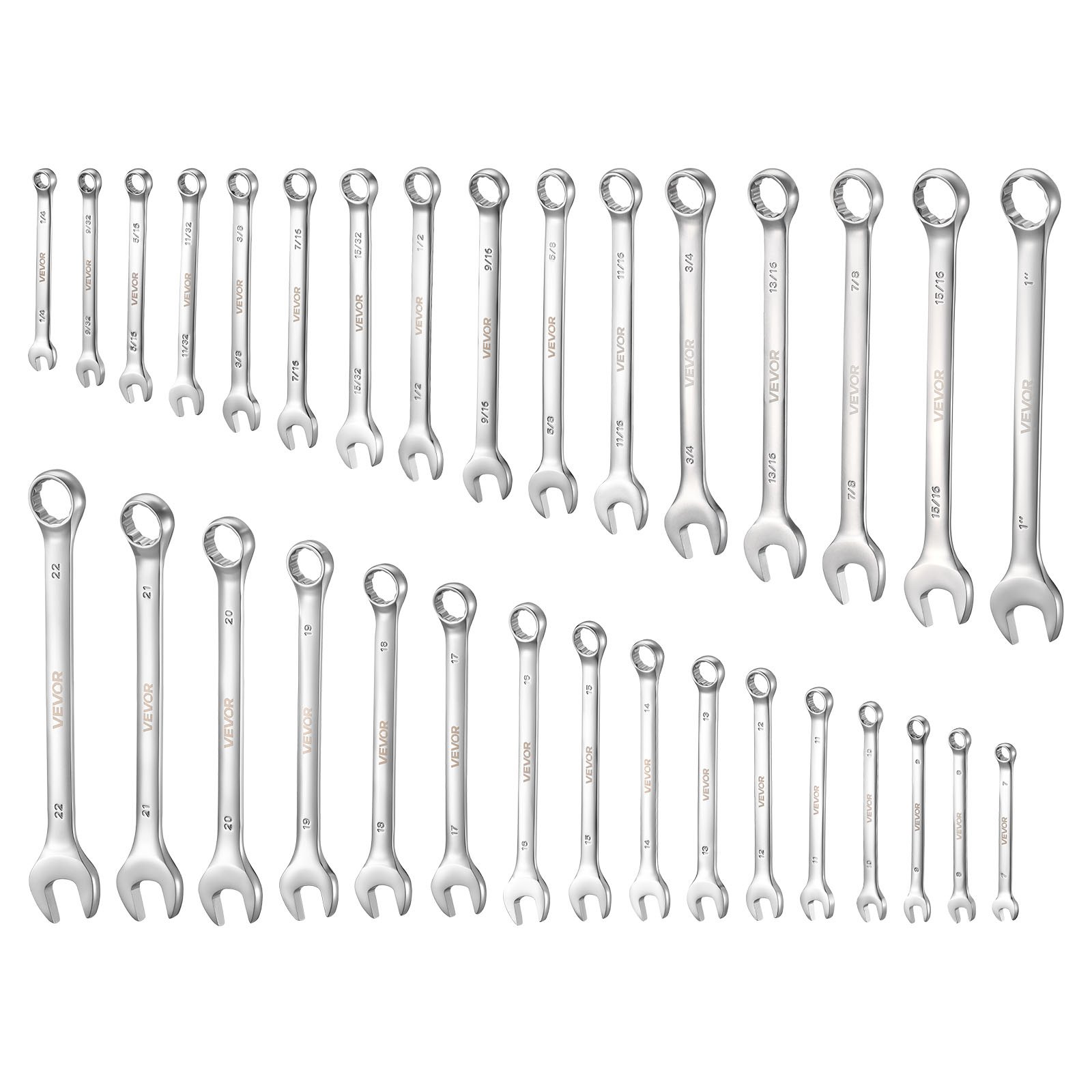 VEVOR Set di Chiavi Combinate a Cricchetto 32 Pezzi, Chiavi a Cricchetto Metriche e SAE, Profilo a 12 Punti e Bocca Angolata a 15°, in Acciaio al Carbonio, con Custodia Arrotolabile, Finitura Argento
