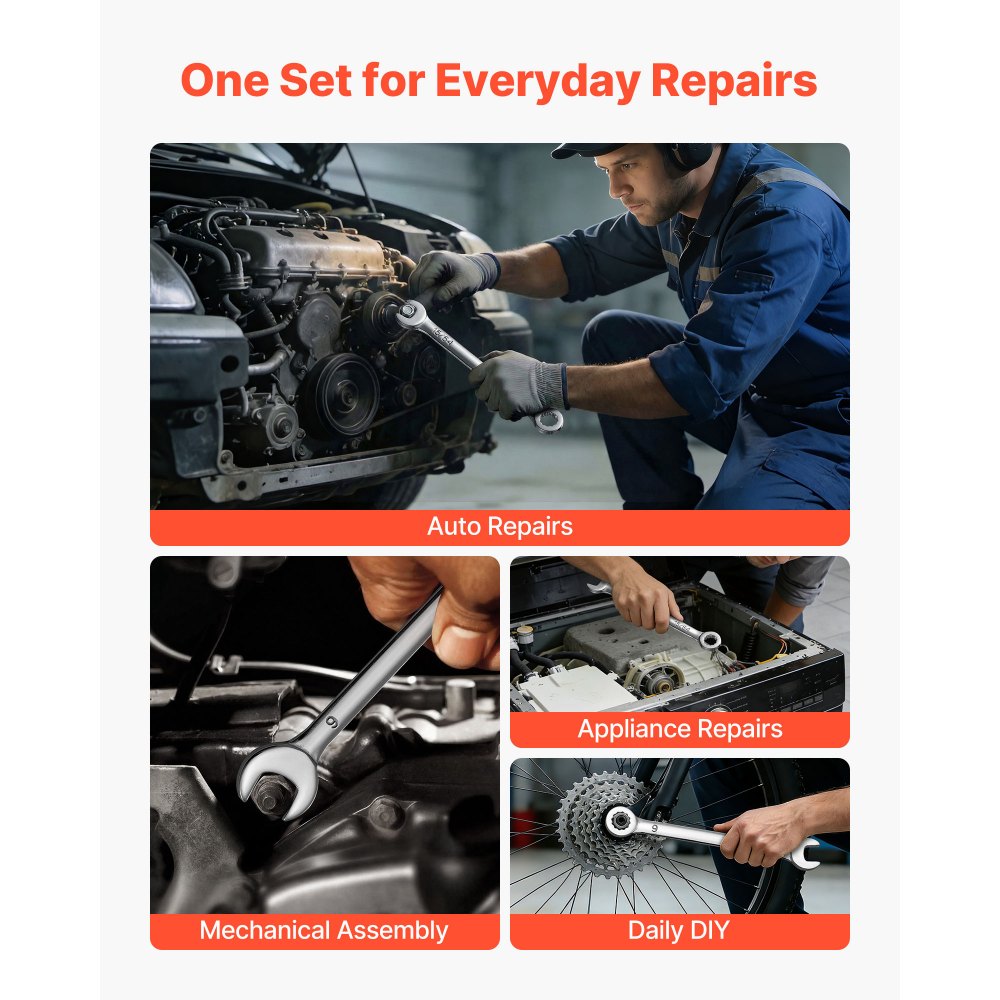 VEVOR Set di Chiavi Combinate a Cricchetto 42 Pezzi, Set di Chiavi a Cricchetto, Metriche e SAE, Profilo a 12 Punti e Bocca Angolata a 15° Antiscivolo, Custodia Robusta, per Uso Casa e Auto, Argento