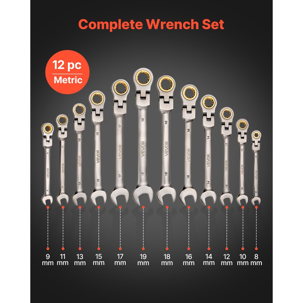 VEVOR Set di Chiavi Combinate a Cricchetto Flessibile 12 Pezzi, Set di Chiavi a Cricchetto con Testa Snodata, Metriche da 8 mm a 19 mm, 72 Denti, in Acciaio al Cromo Vanadio, Custodia Arrotolabile
