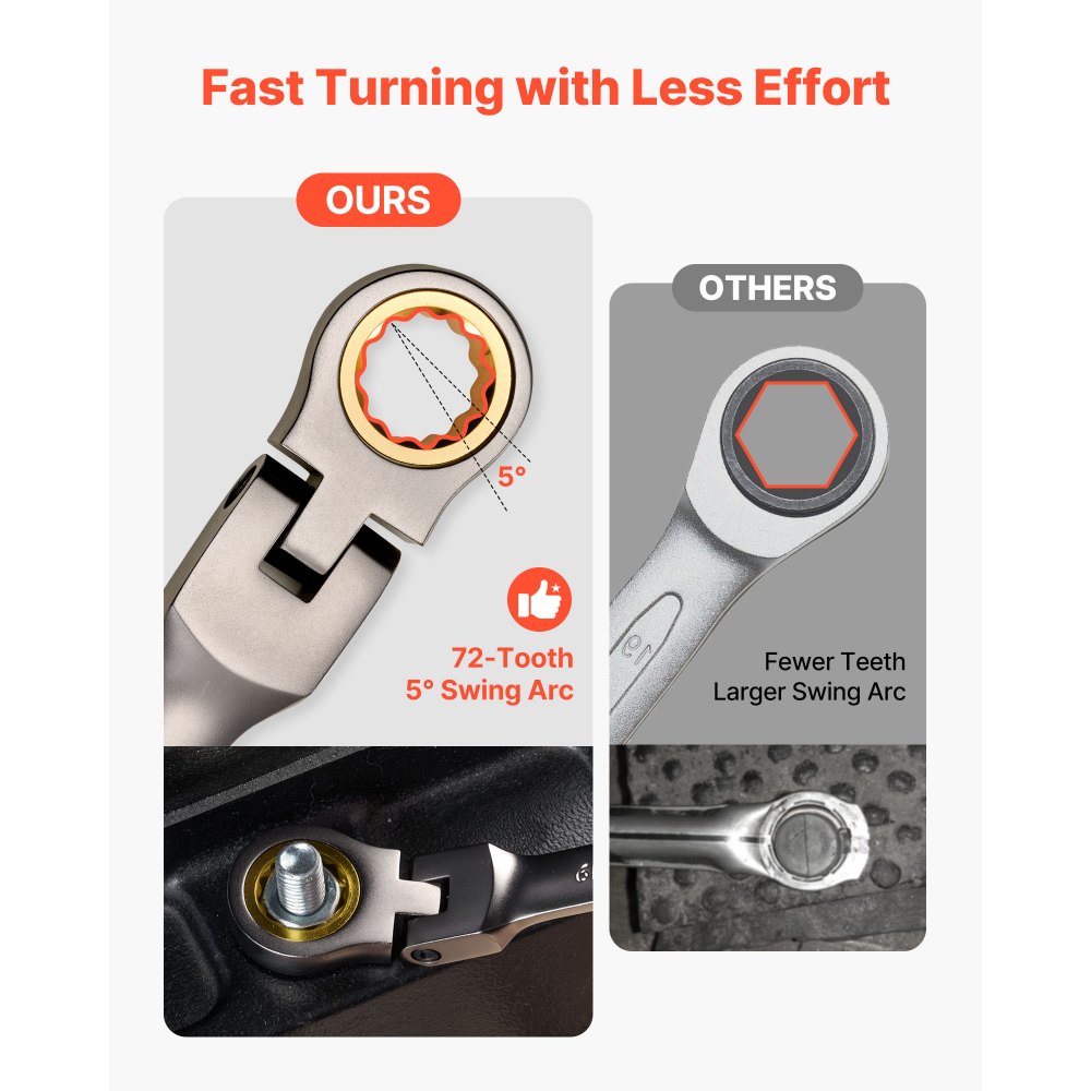 VEVOR Set di Chiavi Combinate a Cricchetto Flessibile 12 Pezzi, Set di Chiavi a Cricchetto con Testa Snodata, Metriche da 8 mm a 19 mm, 72 Denti, in Acciaio al Cromo Vanadio, Custodia Arrotolabile